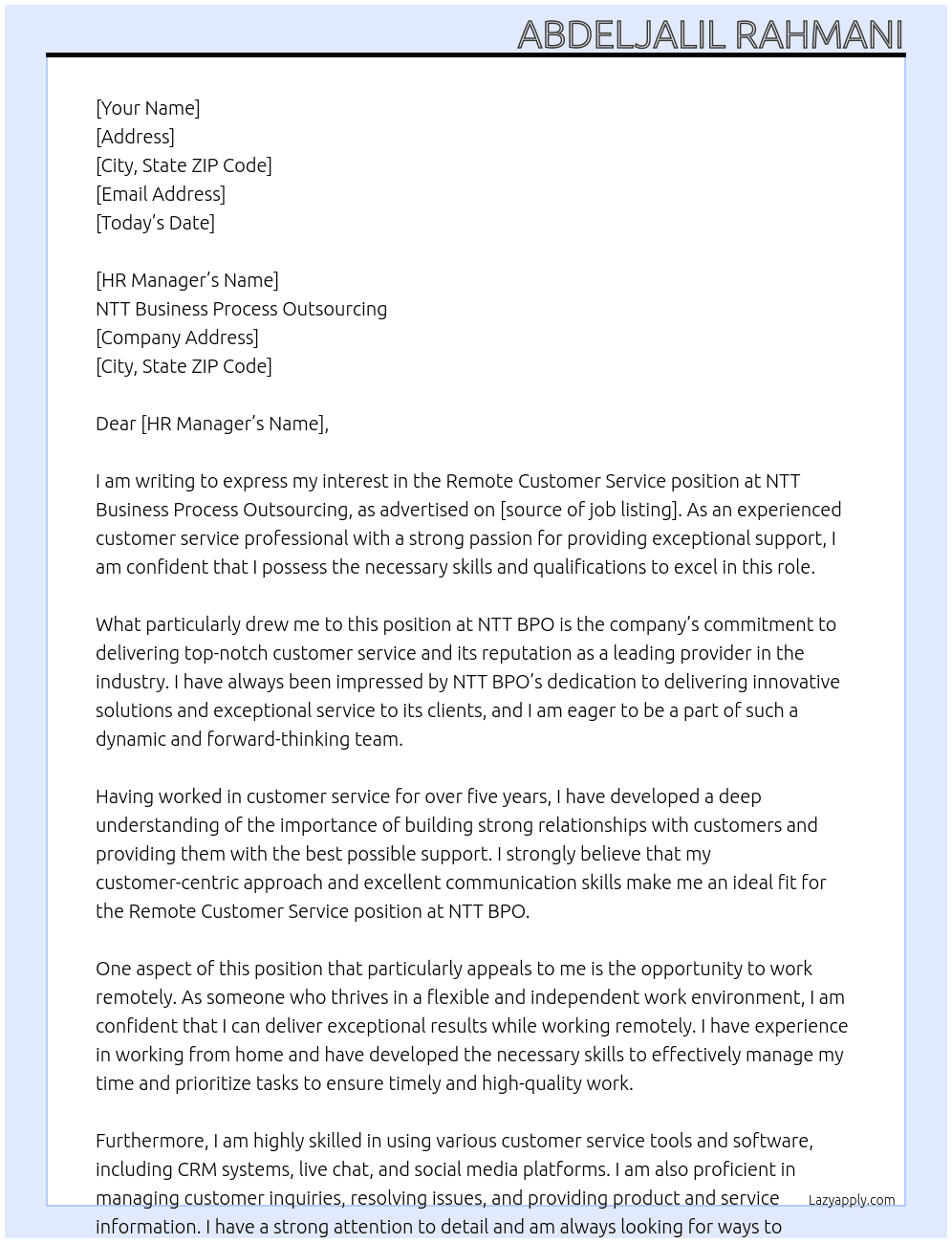 Remote customer service At NTT Business Process Outsourcing Cover Letter