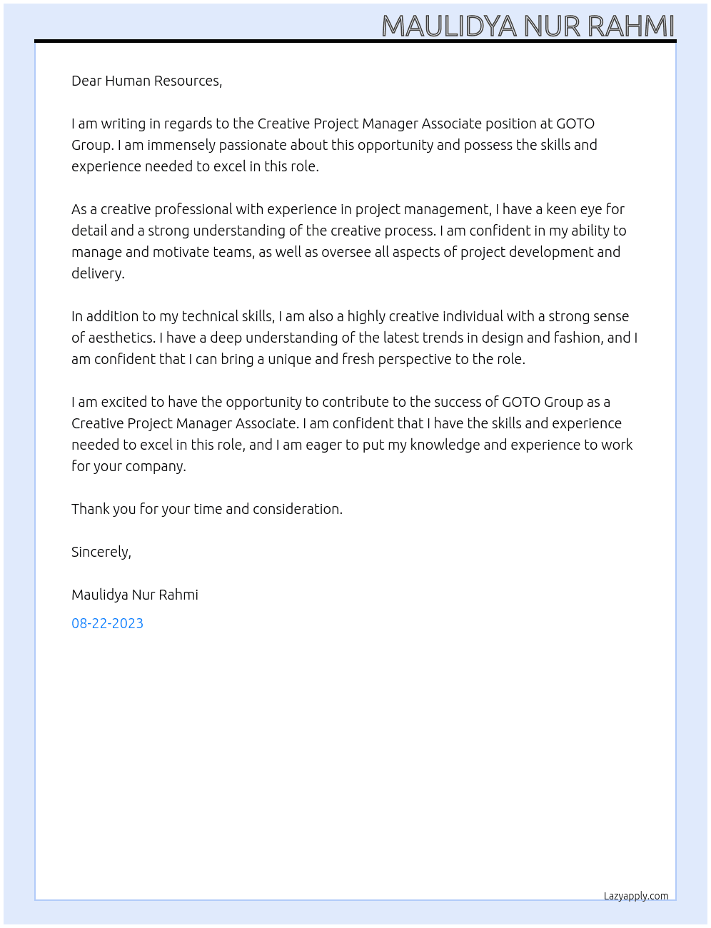 Creative Project Manager Associate At GOTO Group Cover Letter