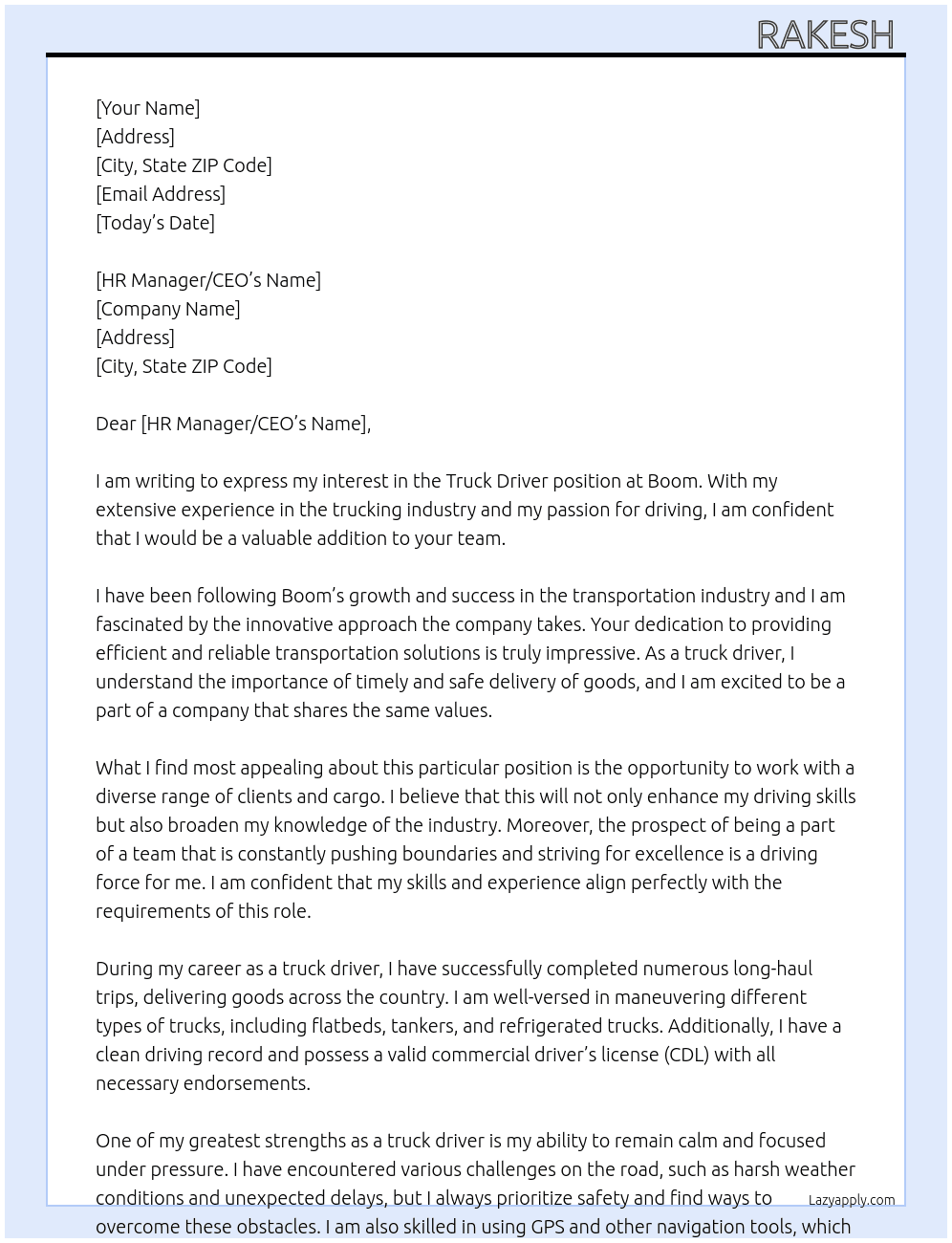 Truck driver At Boom  Cover Letter