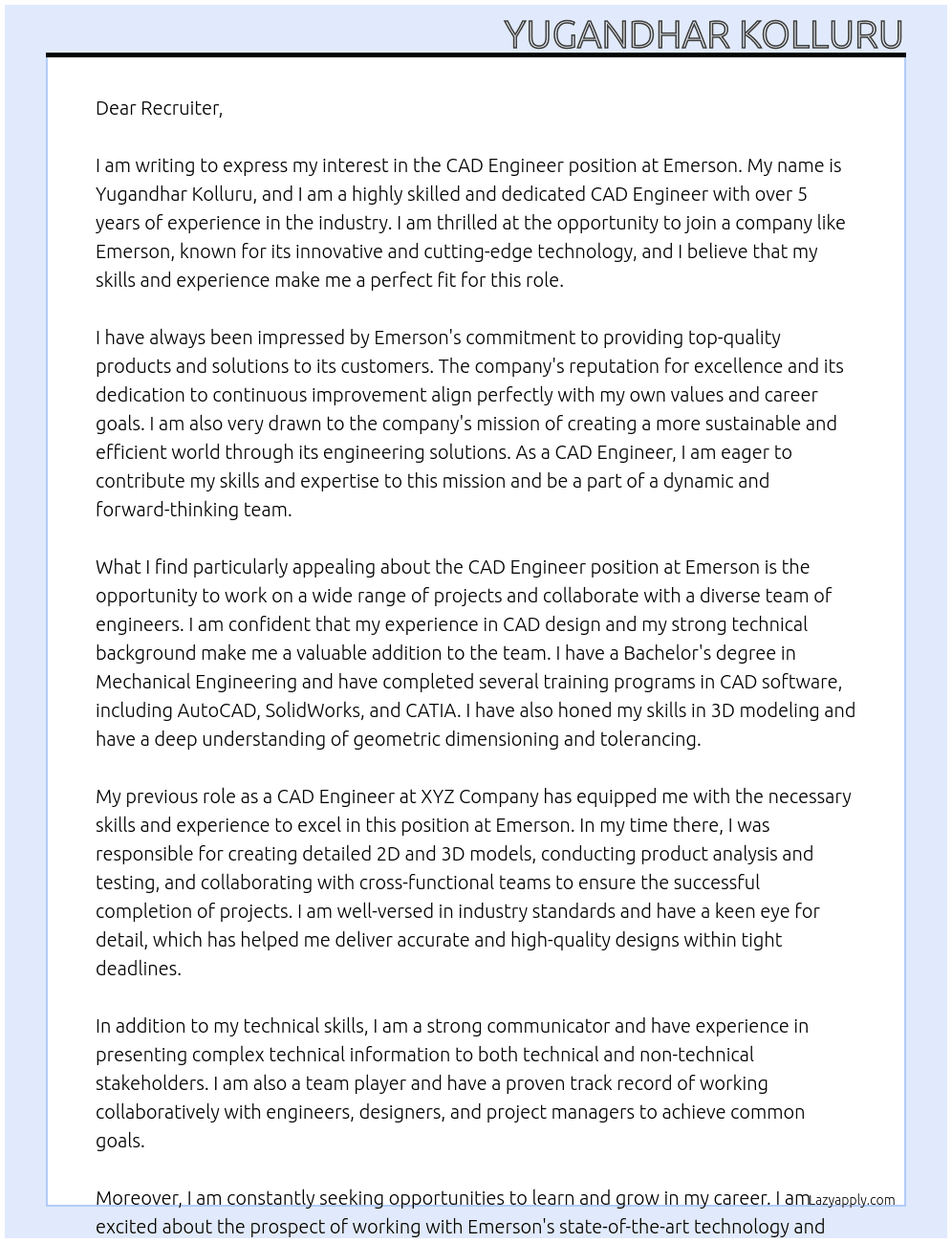 CAD Engineer At Emerson Cover Letter