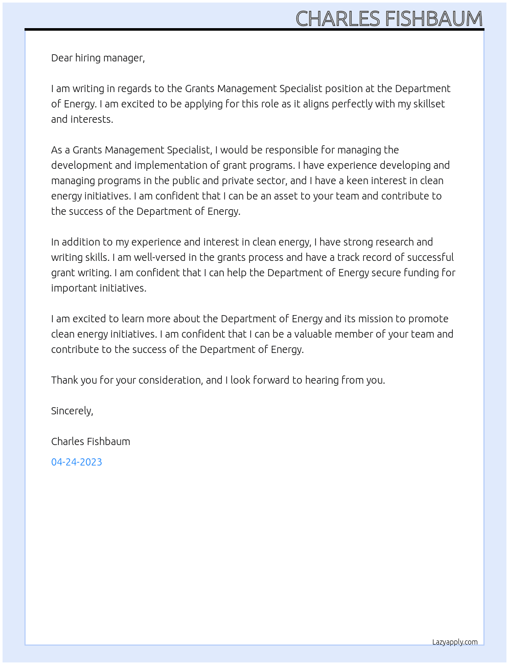 Grants Management Specialist  At  Department of Energy  Cover Letter