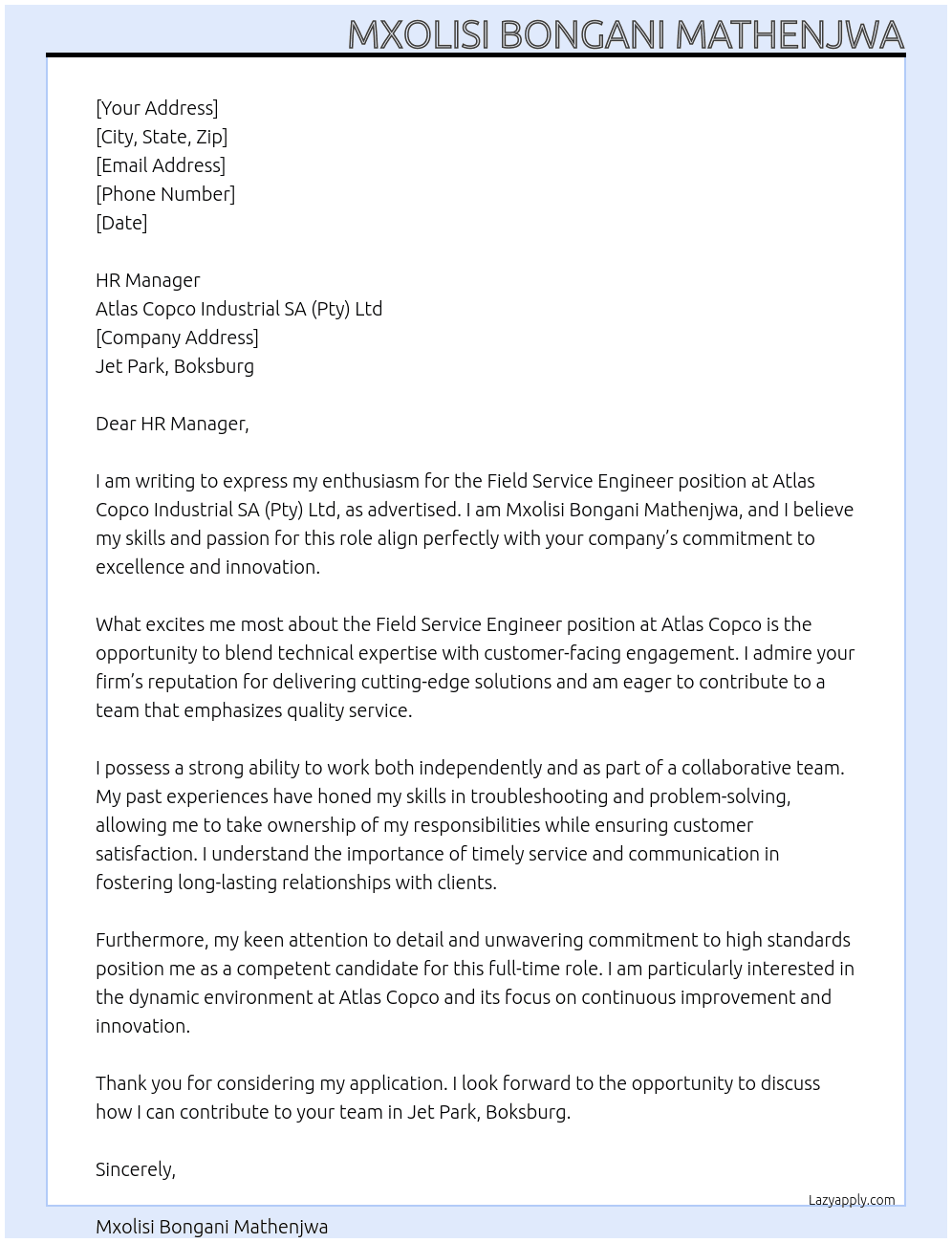 Field Service Engineer At Atlas Copco Industrial SA (Pty) Ltd Cover Letter