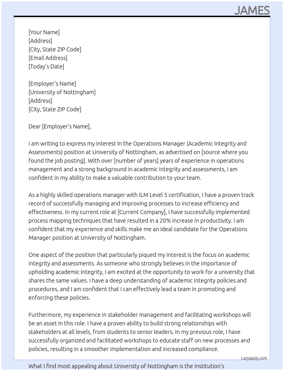 Operations Manager (Academic Integrity and Assessments) At University of Nottingham Cover Letter