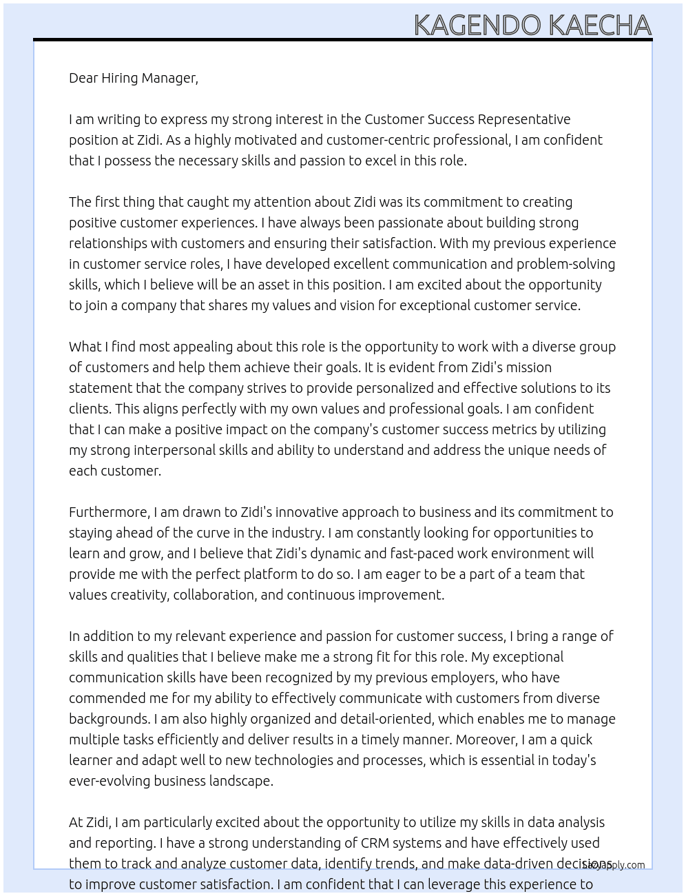 Customer Success Representative At Zidi Cover Letter