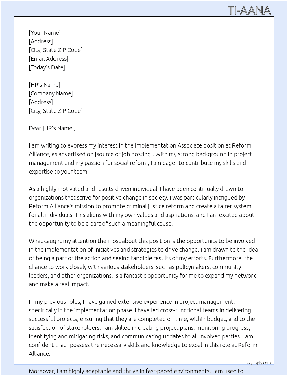 Implementation Associate  At Reform Alliance  Cover Letter