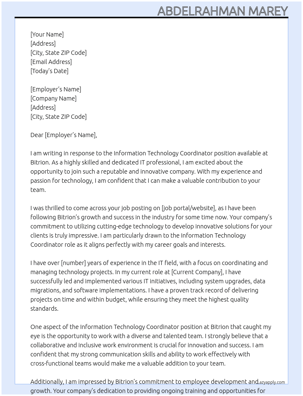 Information technology coordinator  At Bitrion Cover Letter