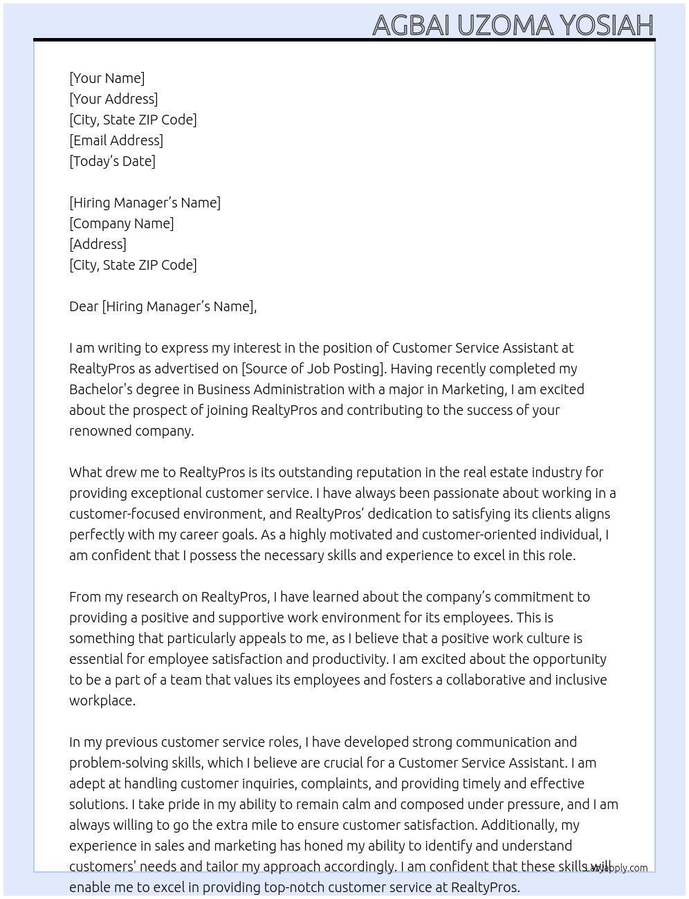 Customer Service Assistant At RealtyPros Cover Letter