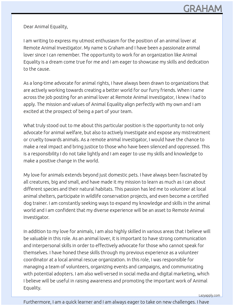 animal lover At remote animal investigator Cover Letter
