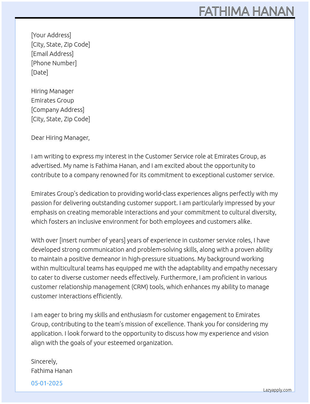  Customer service roles At Emirates group Cover Letter