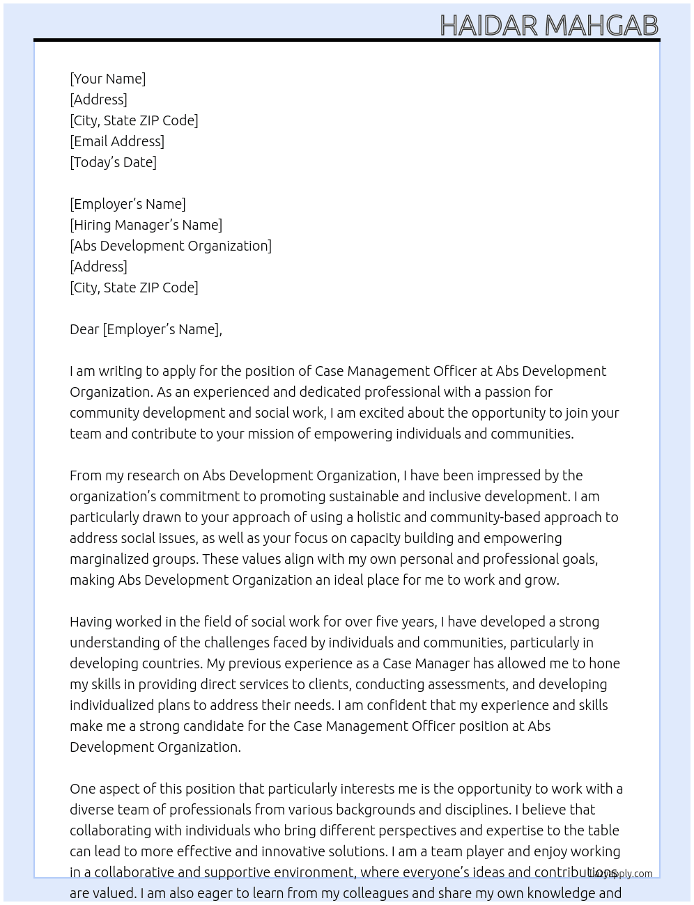 Case Management Officer At Abs Development Organization  Cover Letter