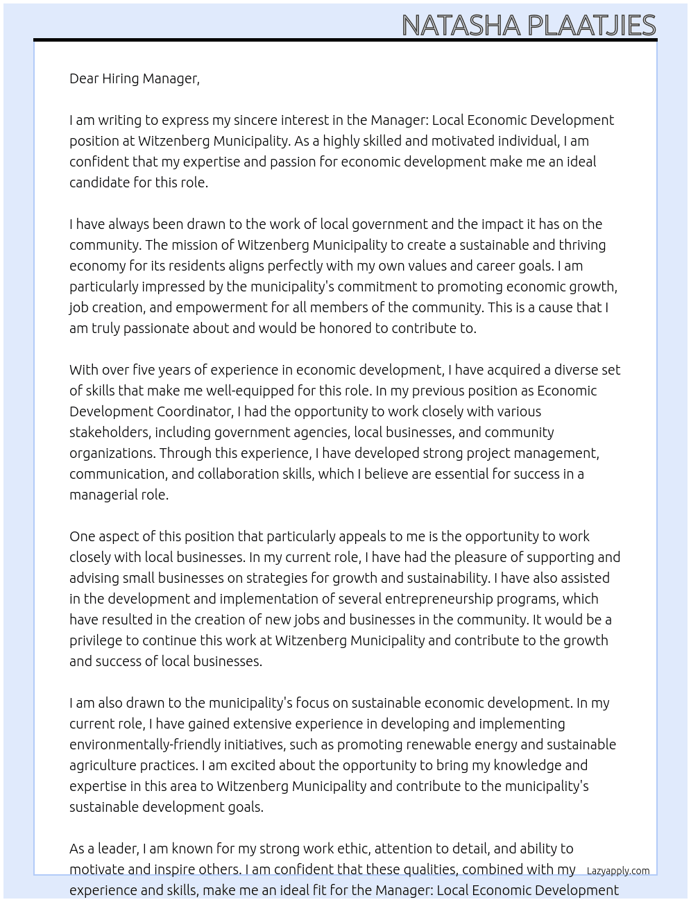 Manager: Local Economic Development At Witzenberg Municipality Cover Letter