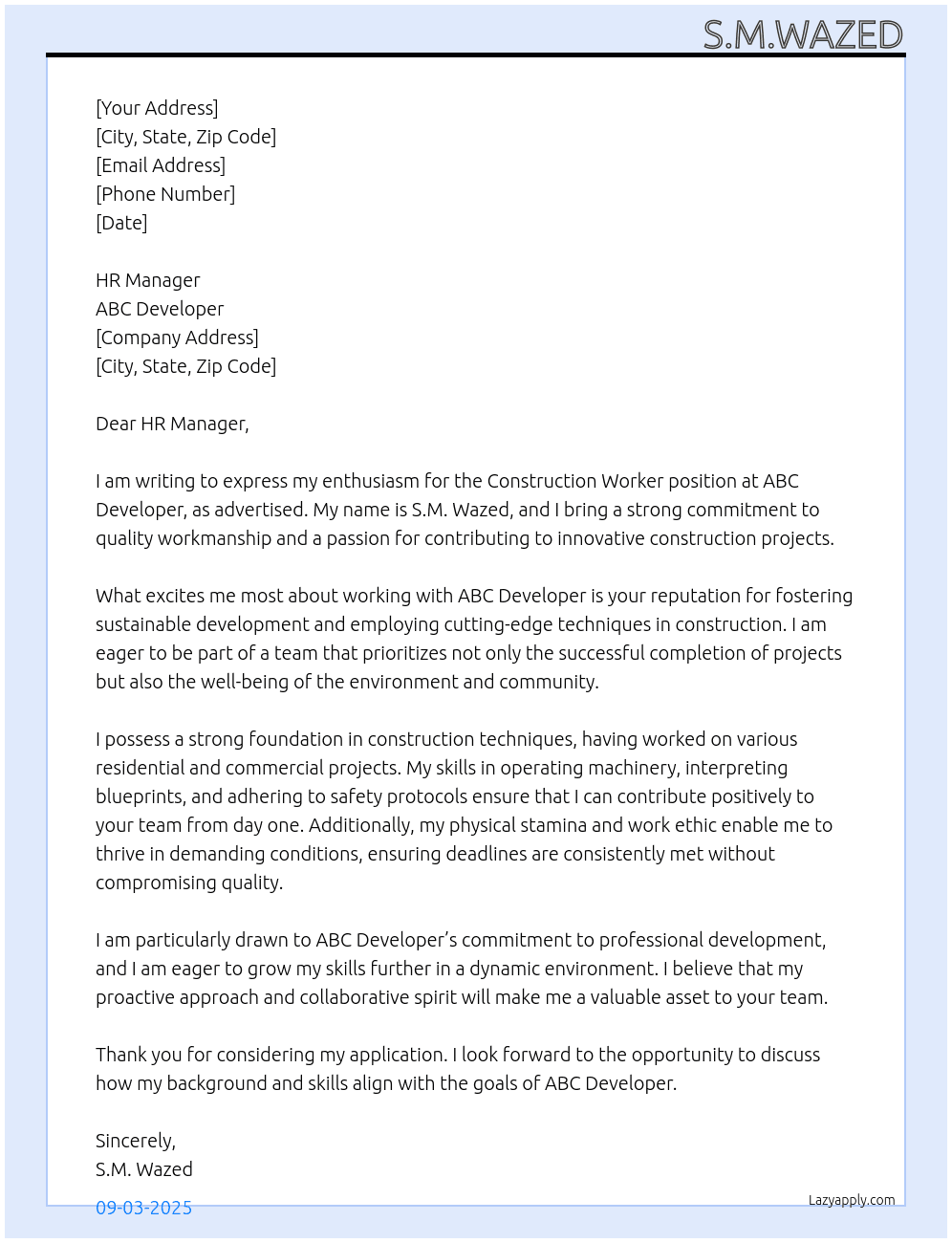 construction worker At ABC developer Cover Letter