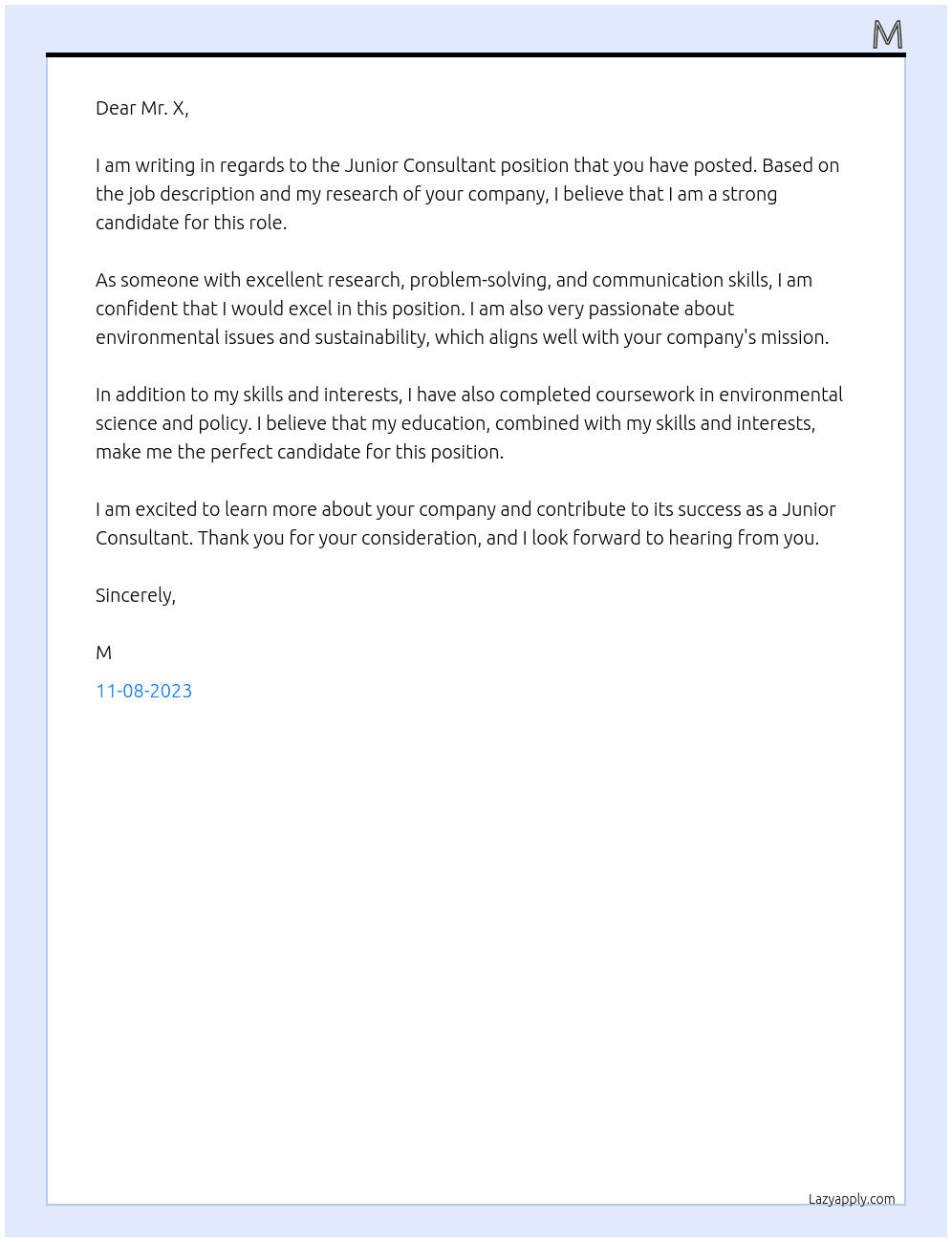 junior consultant At x Cover Letter