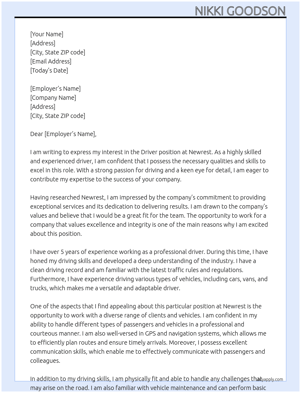 driver At Newrest Cover Letter