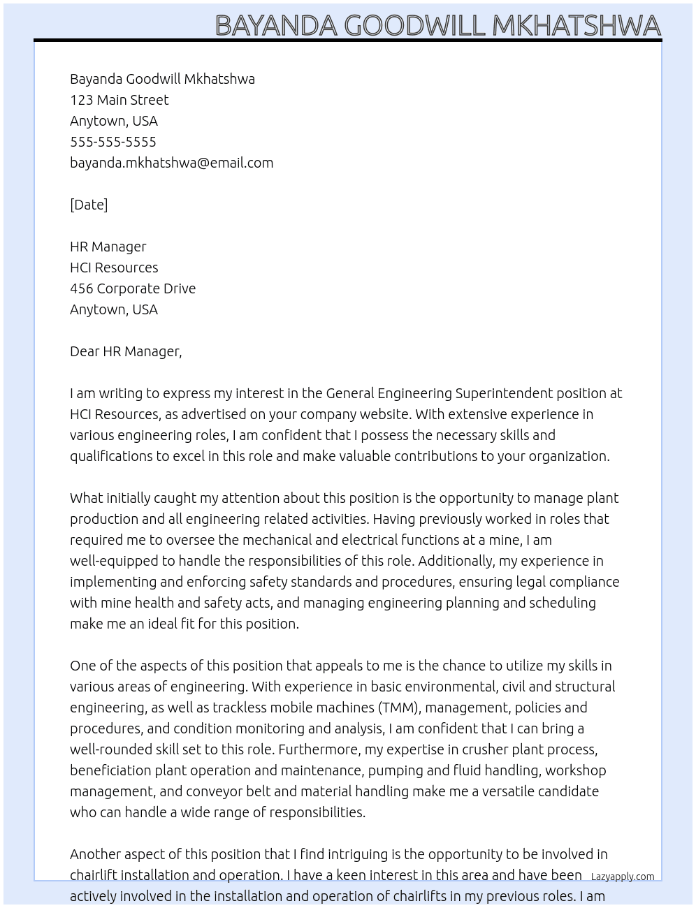 General Engineering Superintendent At HCI resources Cover Letter