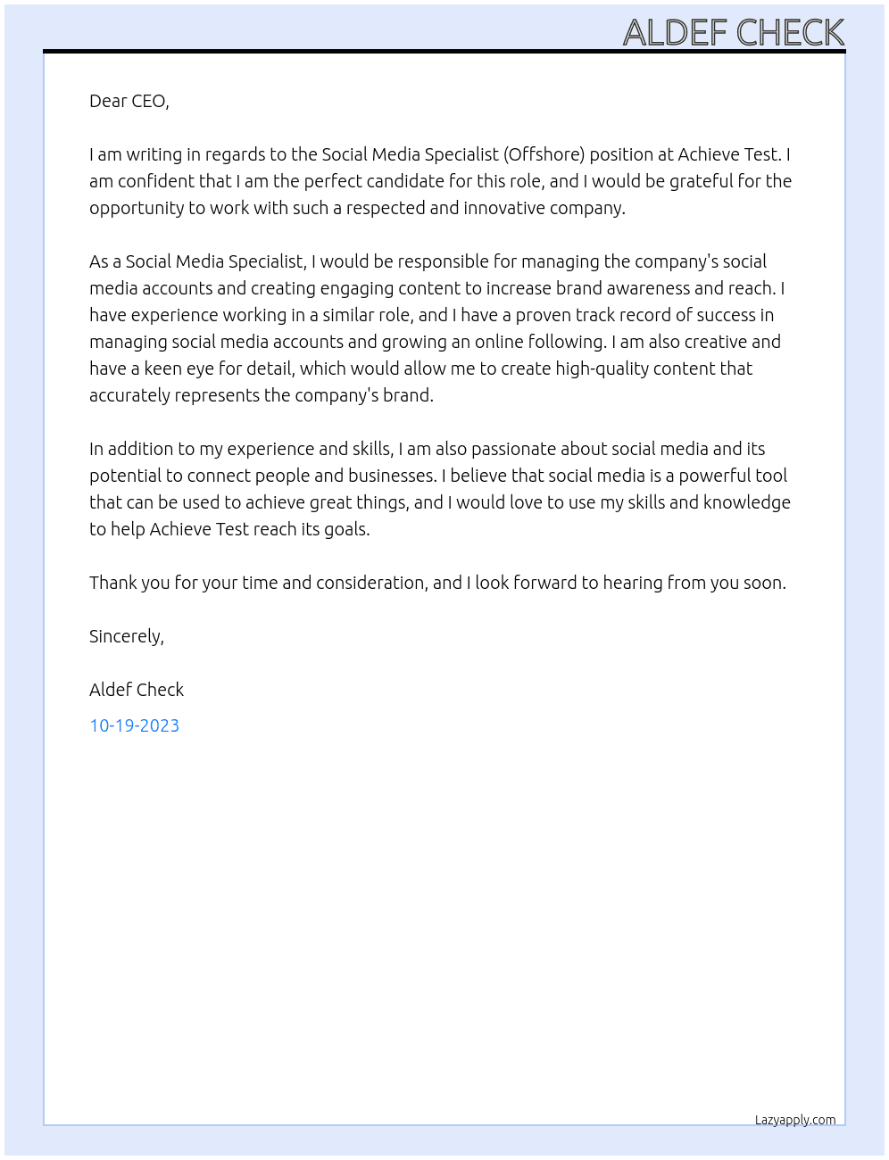 Social Media Specialist (Offshore) At Achieve Test Cover Letter
