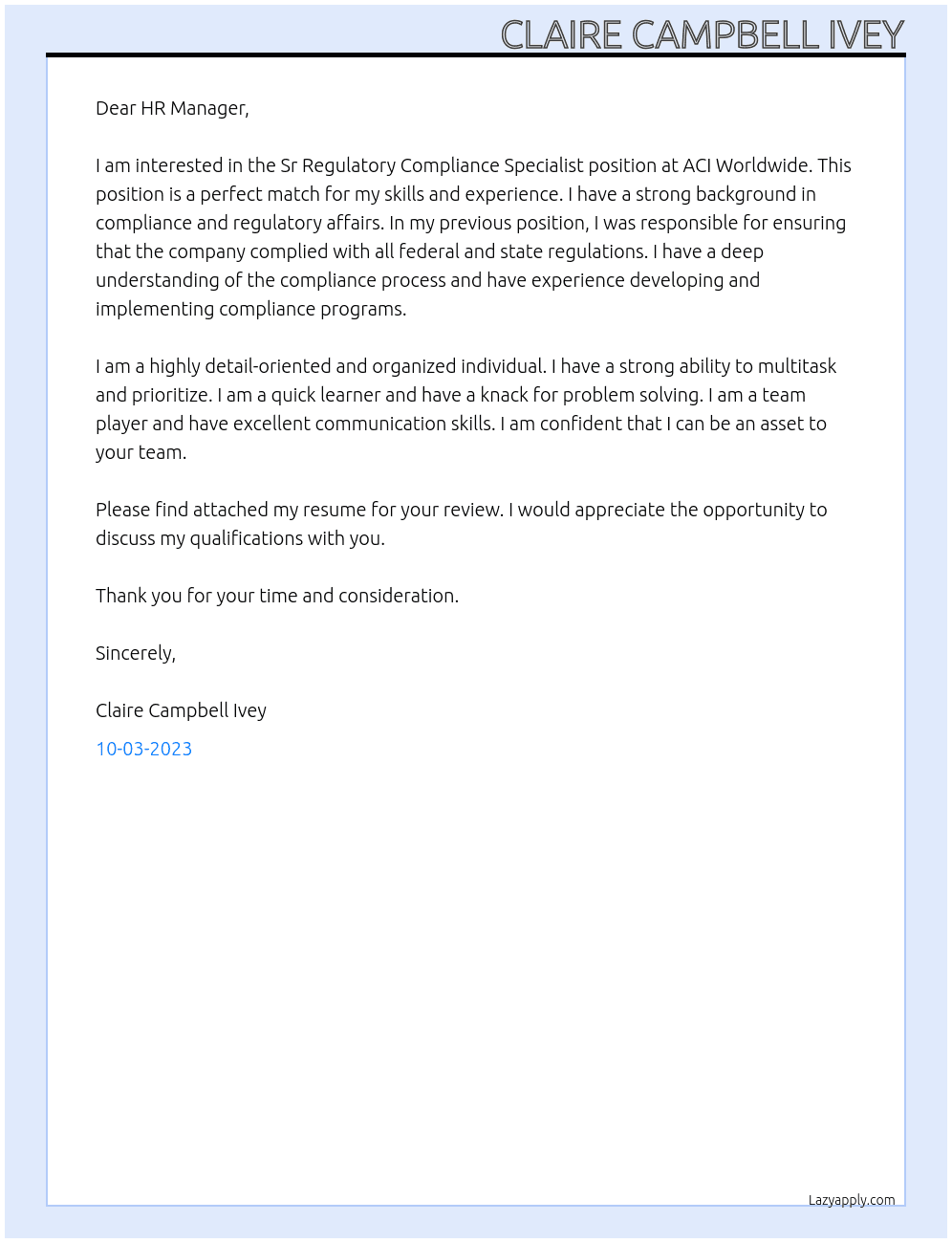 Sr Regulatory Compliance Specialist At ACI WorldWide Cover Letter