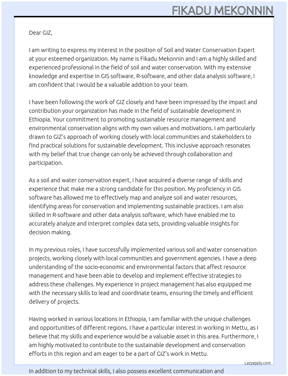 Cover letter for soil and water conservation expert - LazyApply