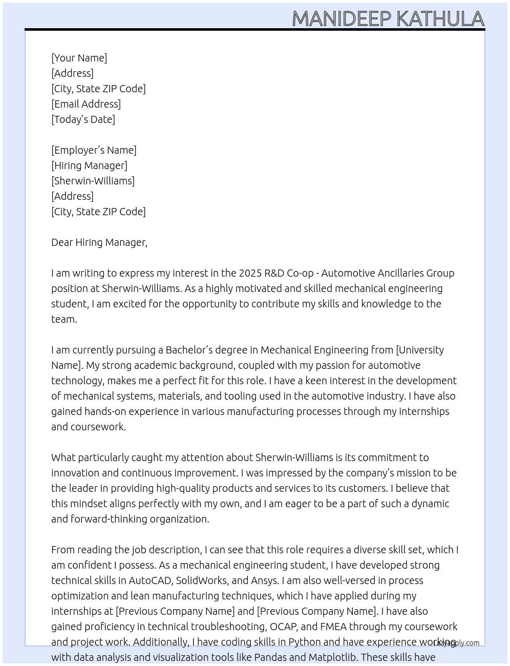2025 R&D Co-op -Automotive Ancillaries Group At Sherwin-Williams  Cover Letter