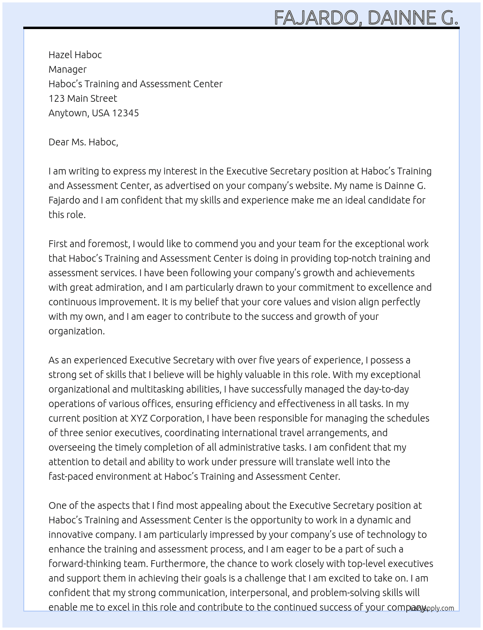 Executive Secretary At Haboc’s Training and Assessment Center Cover Letter
