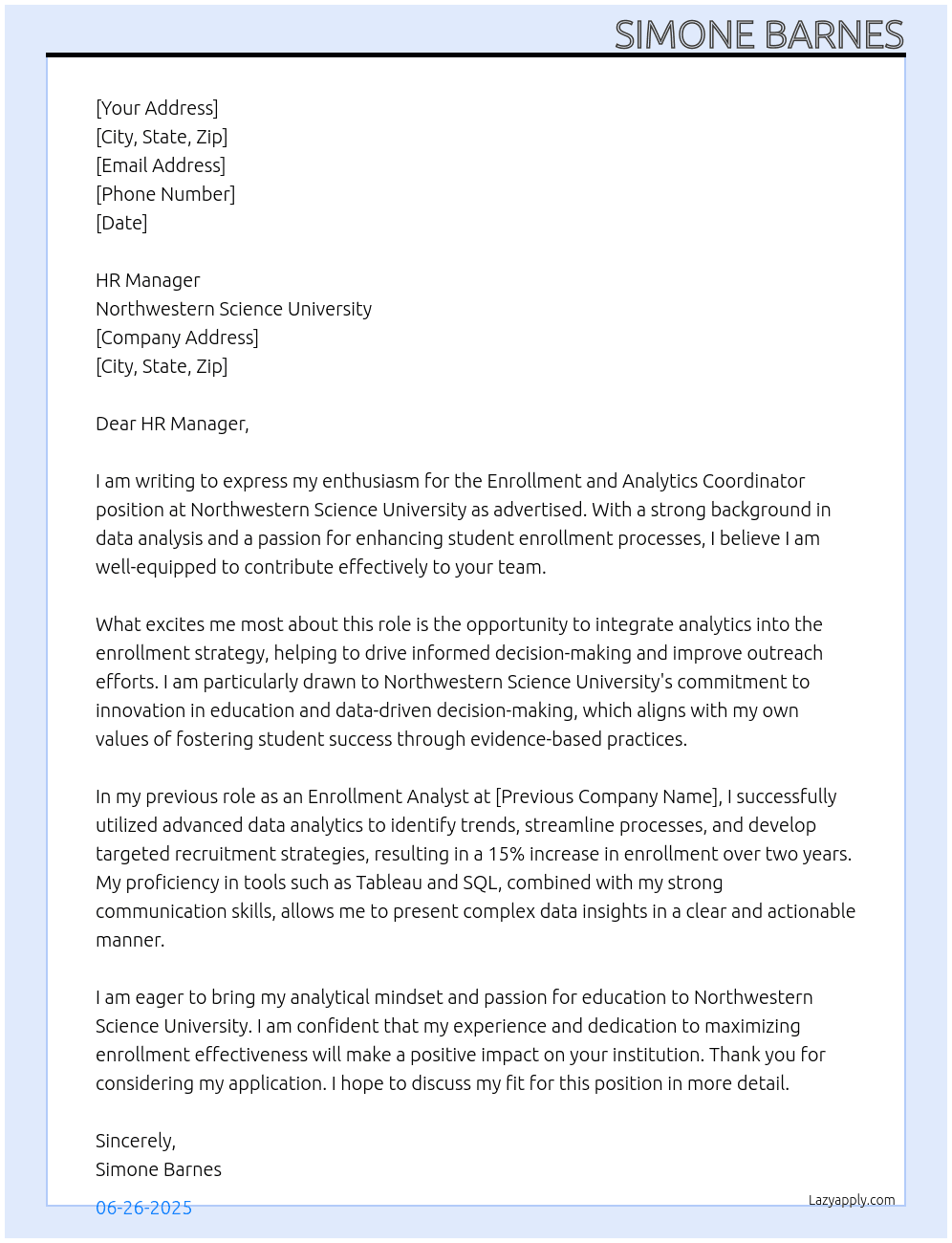 Cover letter for enrollment and analytics coordinator - LazyApply
