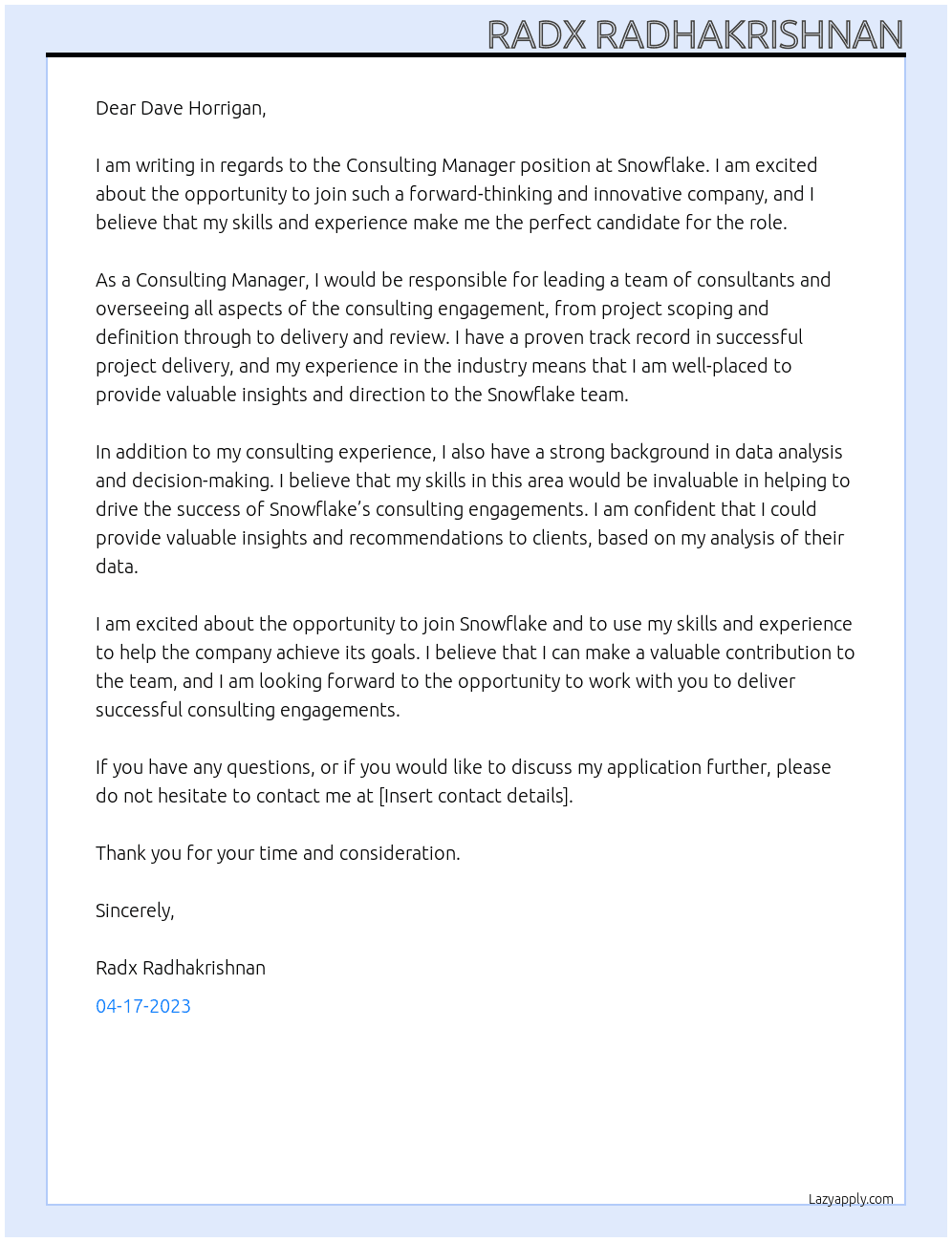 Consulting Manager At Snowflake Cover Letter