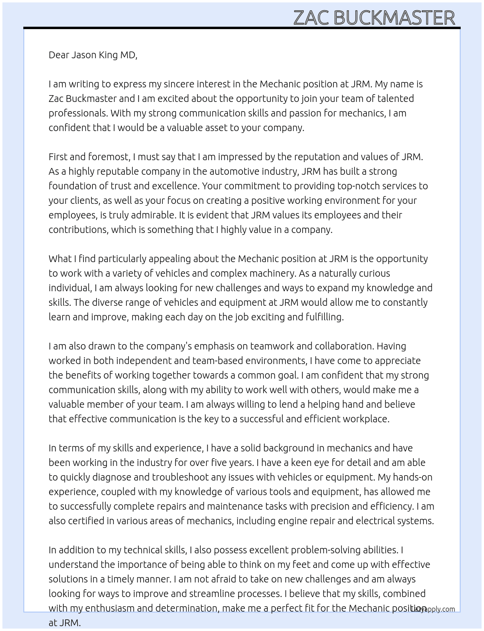 Mechanic At JRM Cover Letter
