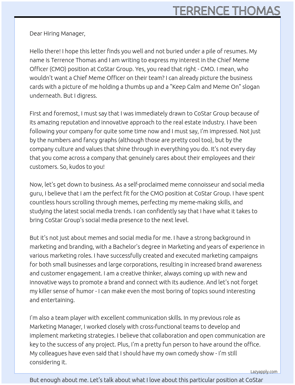 CMO At CoStar Group Cover Letter