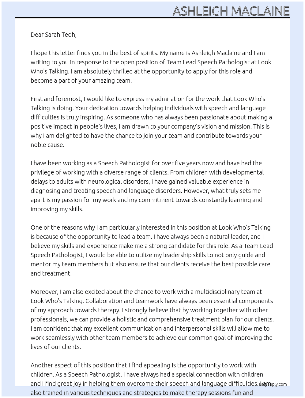 Team Lead Speech Pathologist At Look Who's Talking Cover Letter