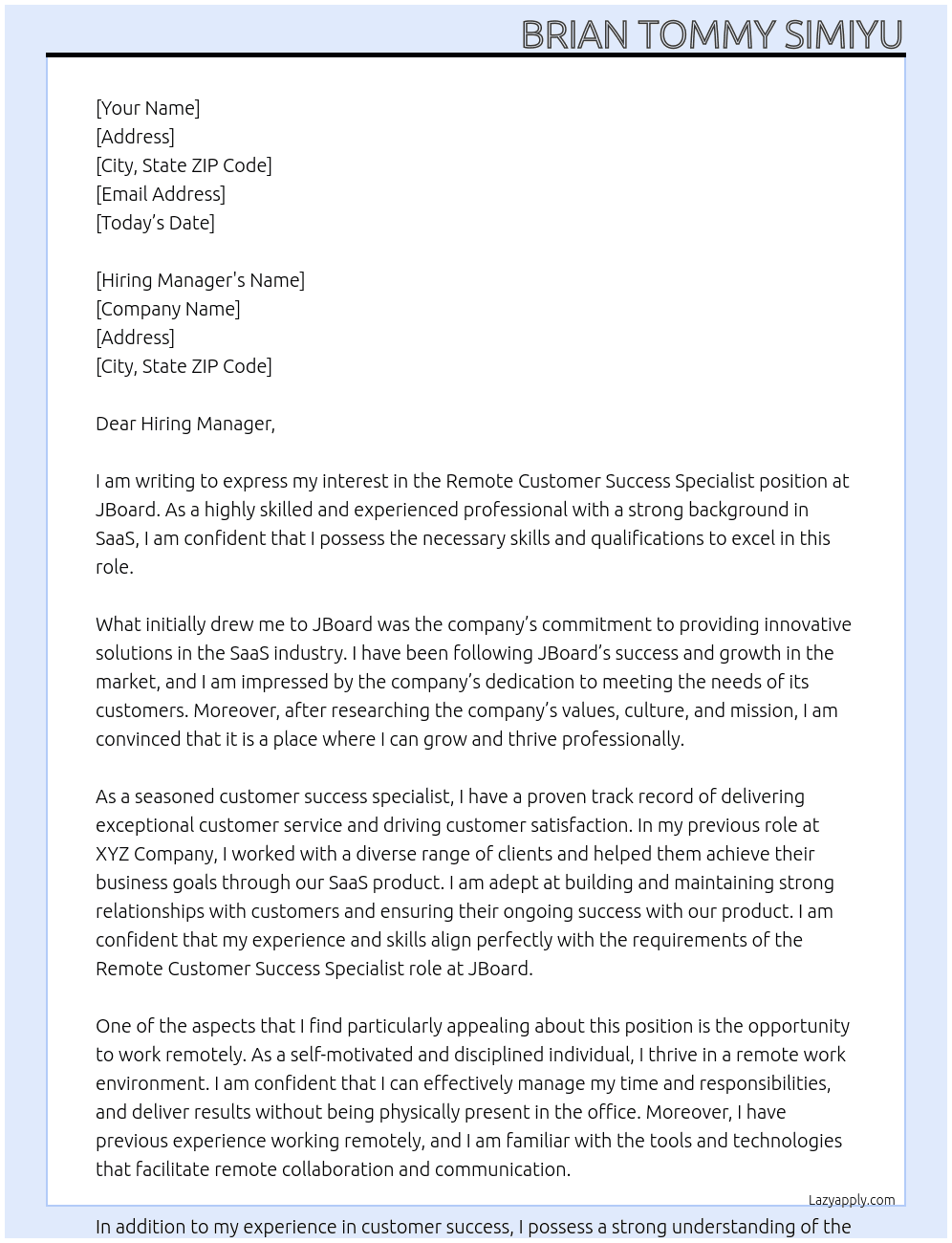 Remote Customer Sucess Specialist At JBoard Cover Letter