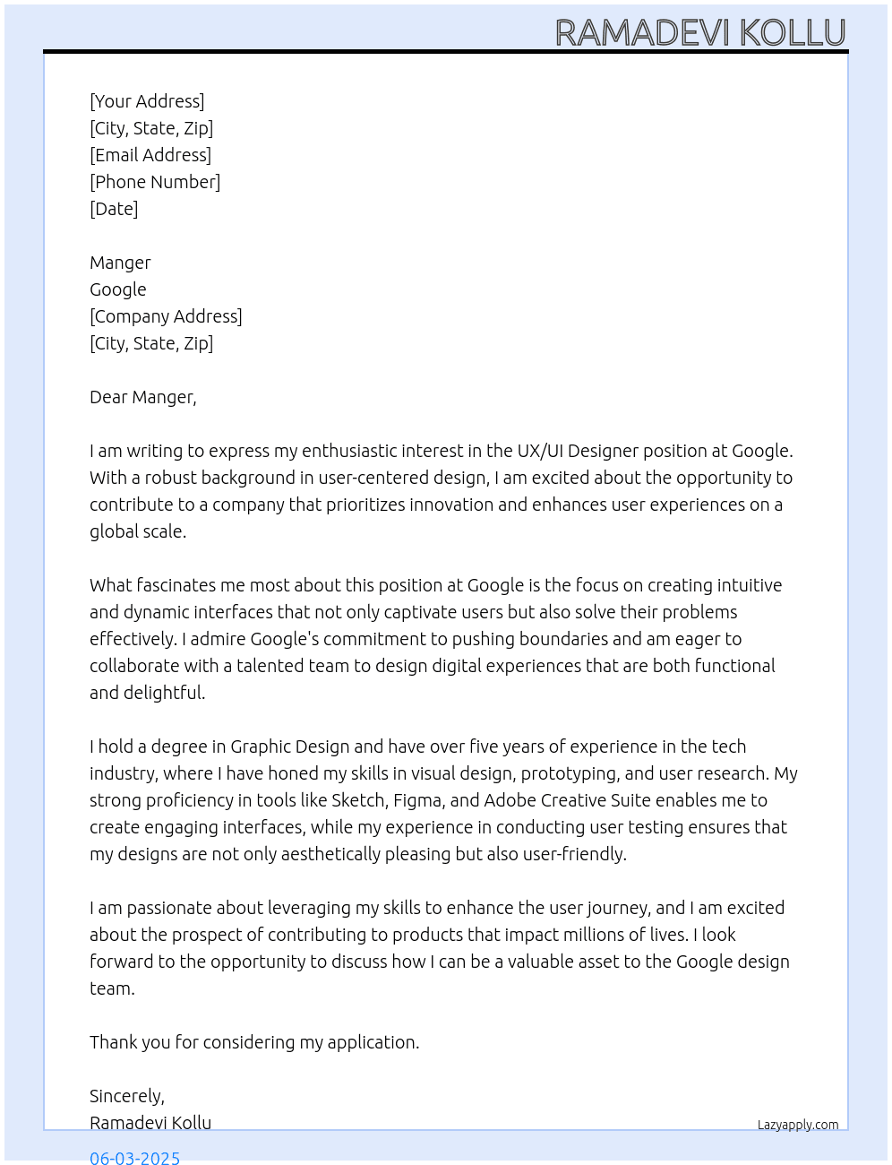 UX/UI Designer At Google  Cover Letter