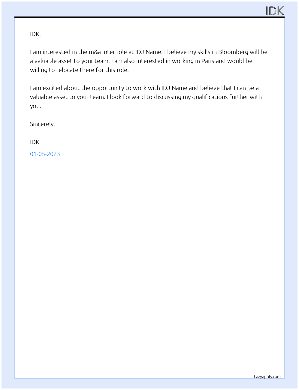 m&a inter At IDJ Name Cover Letter