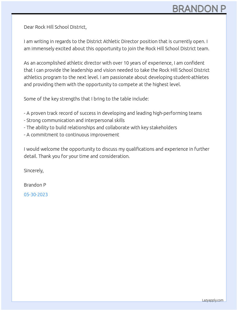 District Athletic Director At Rock Hill School District Cover Letter