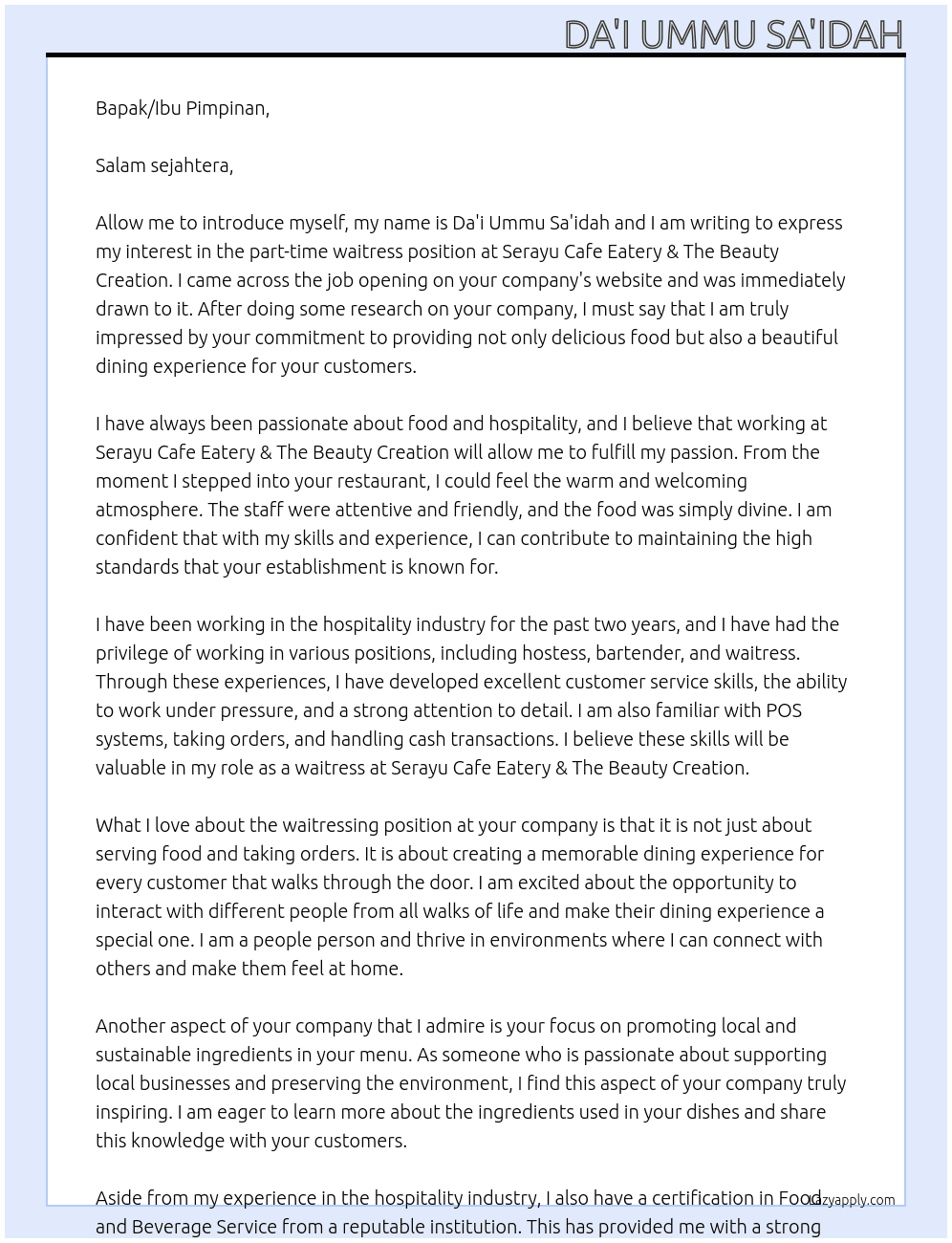 Cover letter for waitres part-time - LazyApply