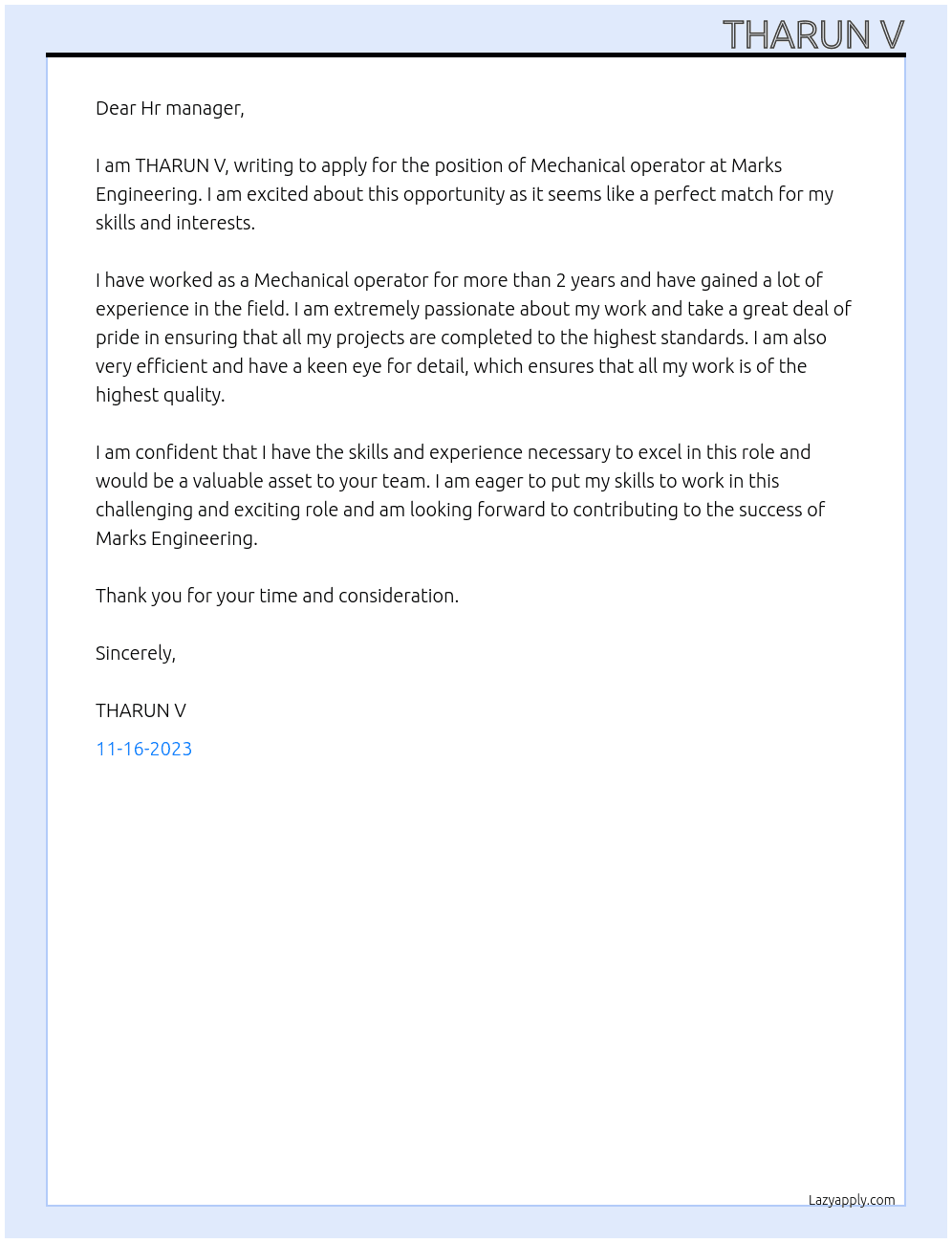 Mechanical operator At Marks Engineering Cover Letter