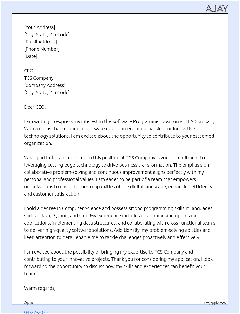 Cover letter for software programmer - LazyApply