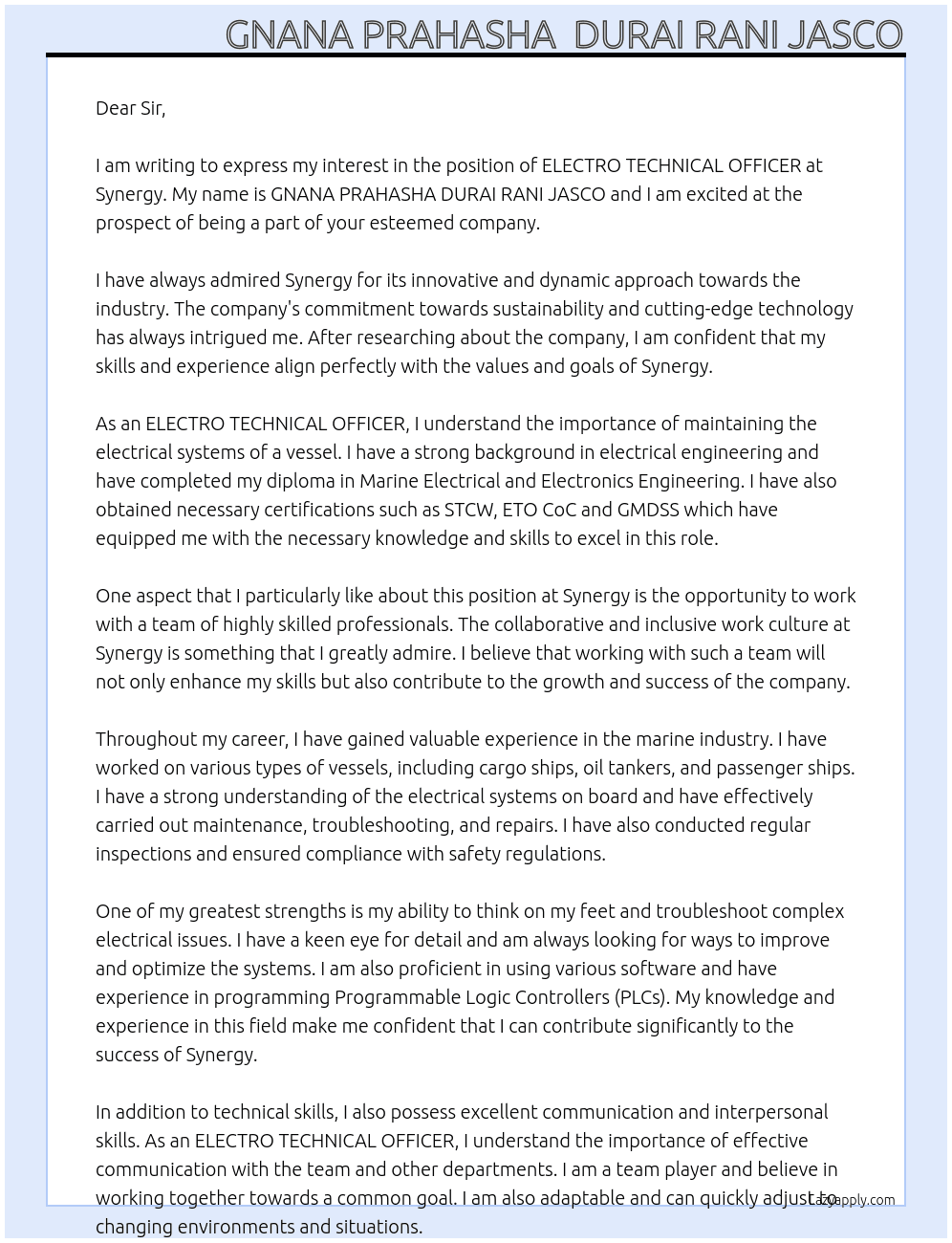 ELECTRO TECHNICAL OFFICER At Synergy Cover Letter