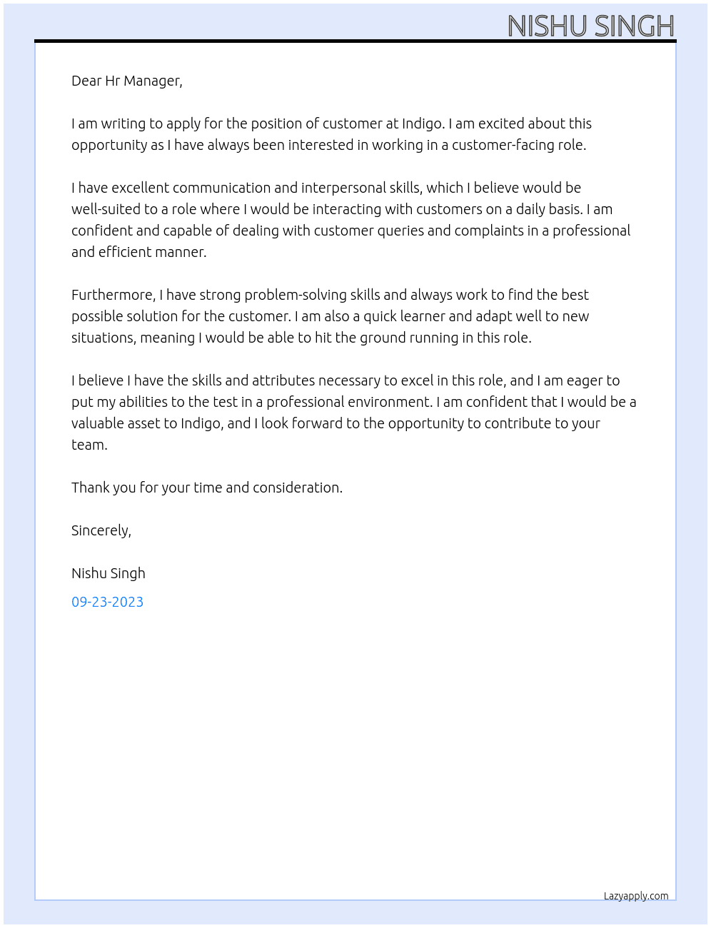 customer At indigo Cover Letter