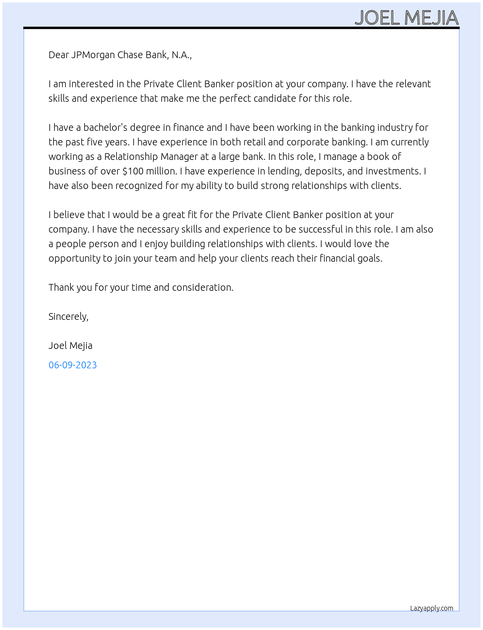 Private Client Banker At JPMorgan Chase Bank, N.A. Cover Letter
