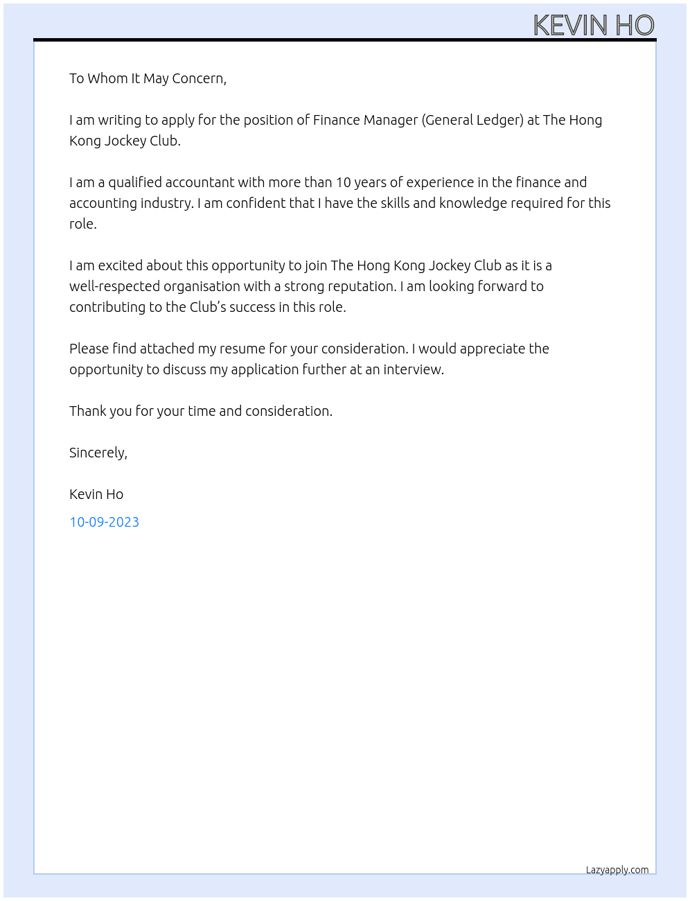 Finance Manager (General Ledger) At The Hong Kong Jockey Club Cover Letter
