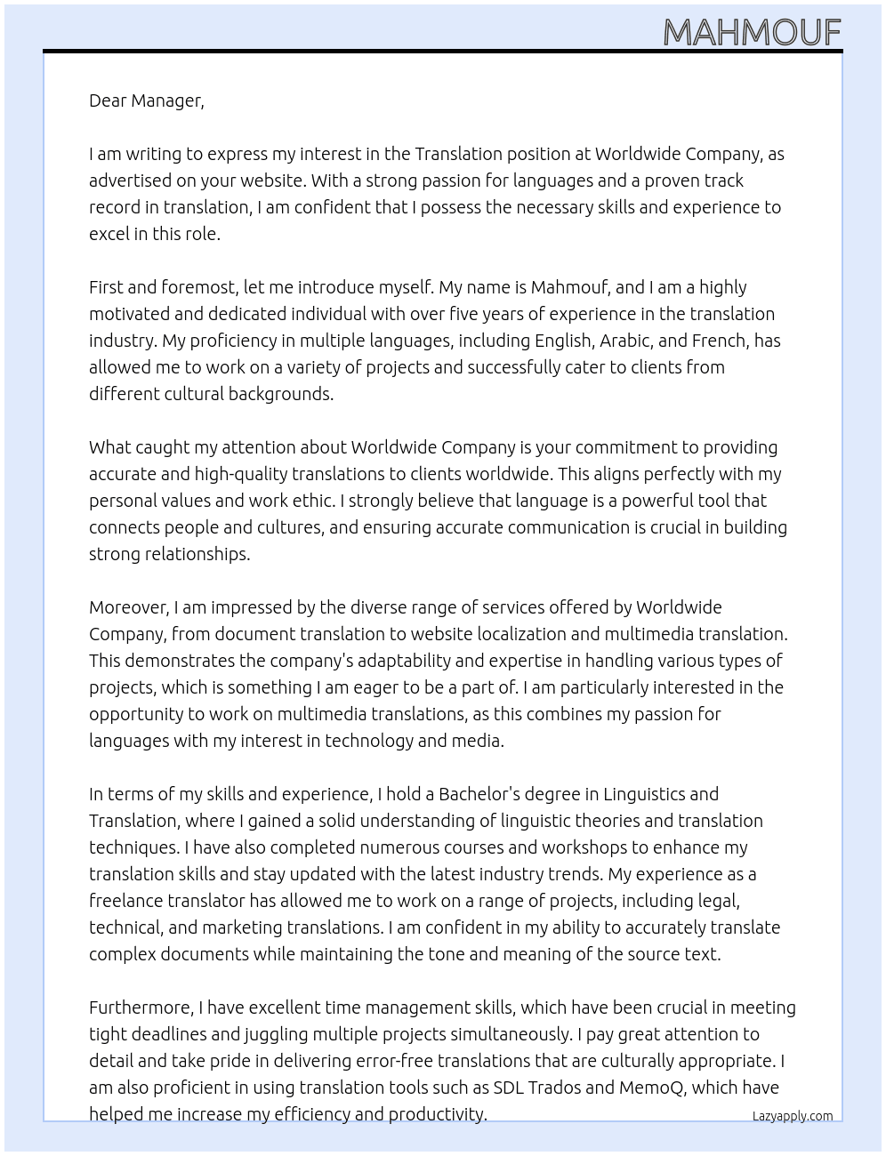 translation At worldwide company Cover Letter
