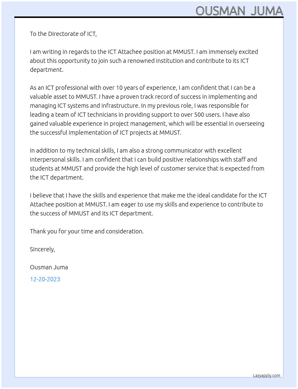 ICT ATTACHEE At MMUST Cover Letter