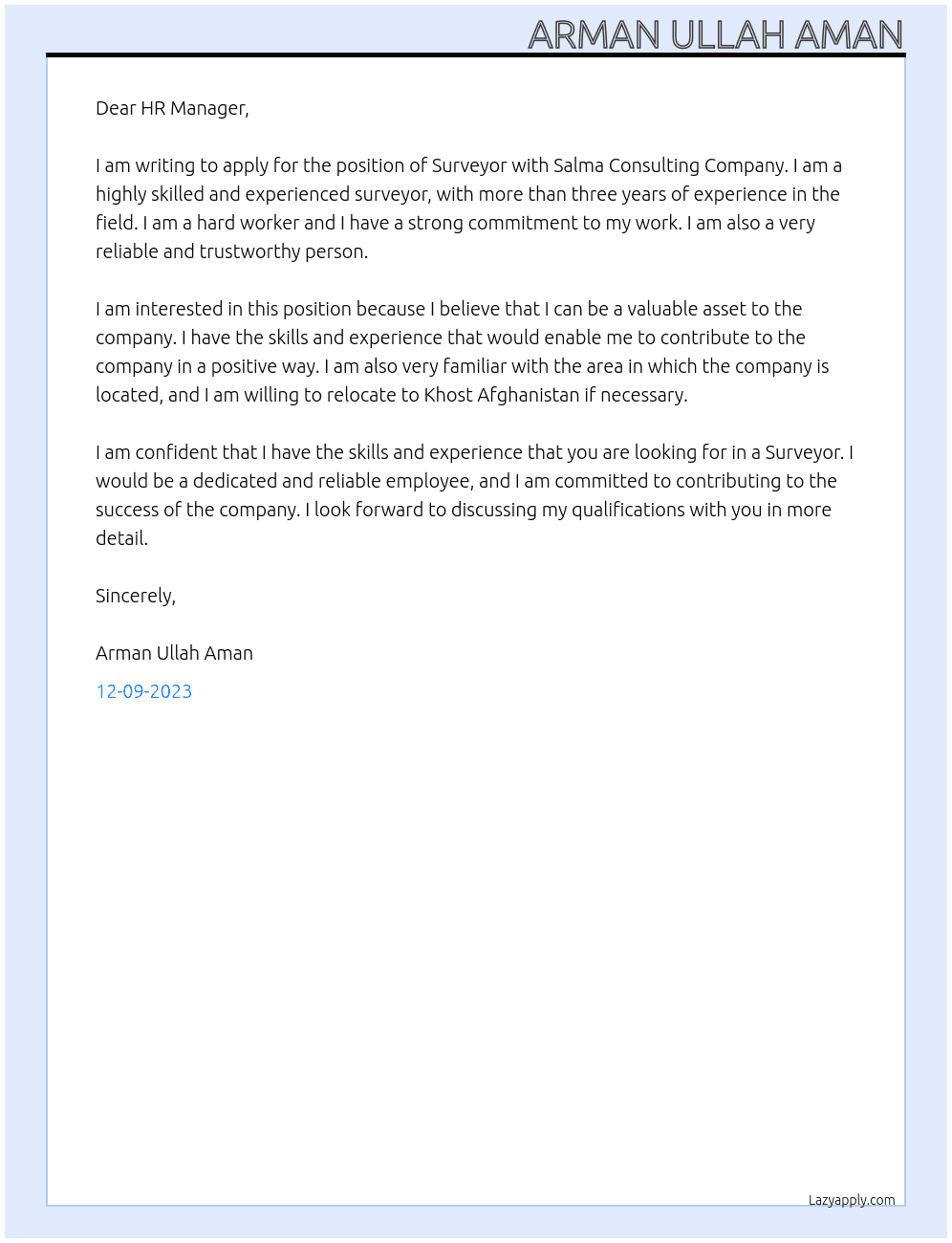 Surveyor At Salma Consulting Company  Cover Letter