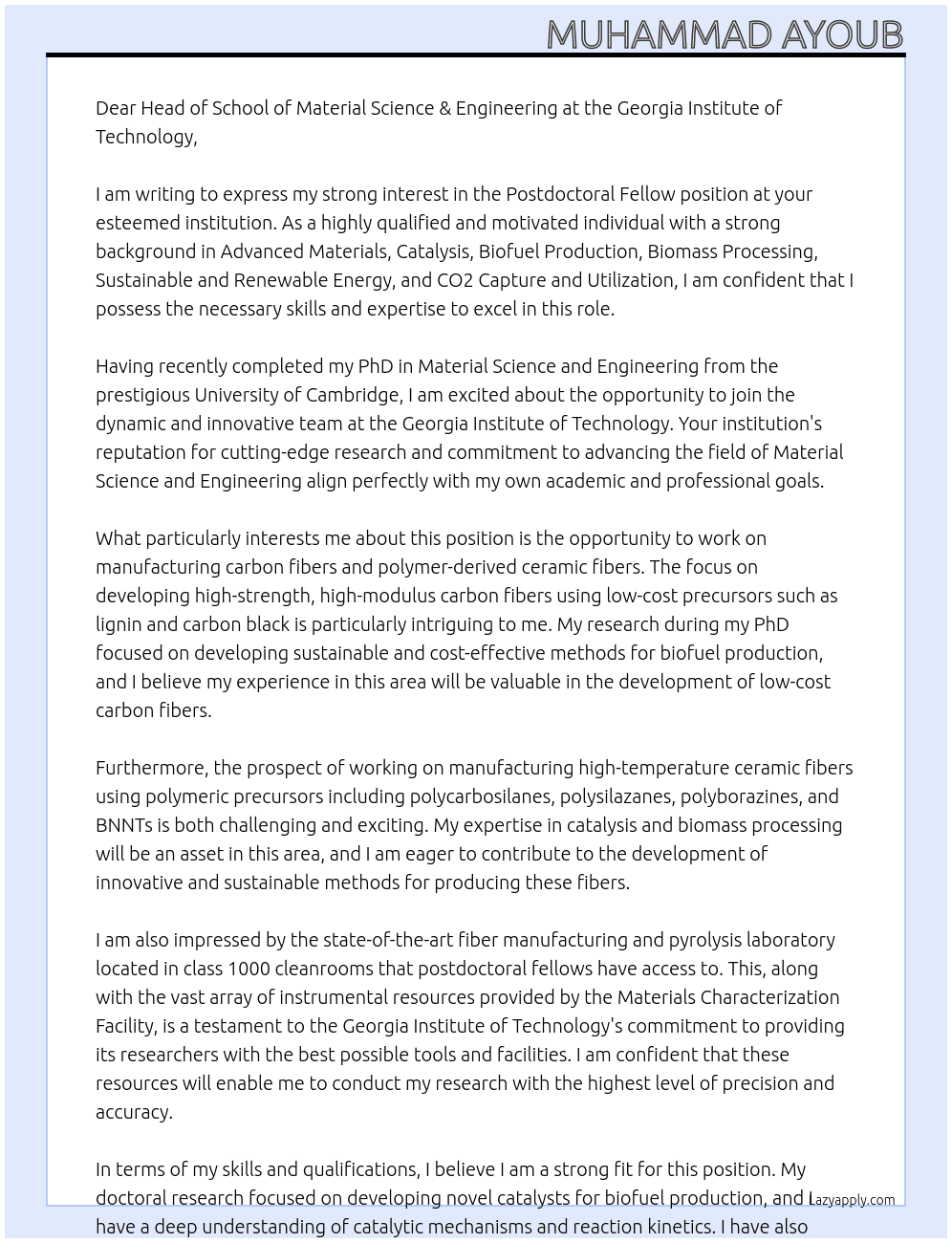Postdoctoral Fellow At Georgia Institute of Technology Cover Letter