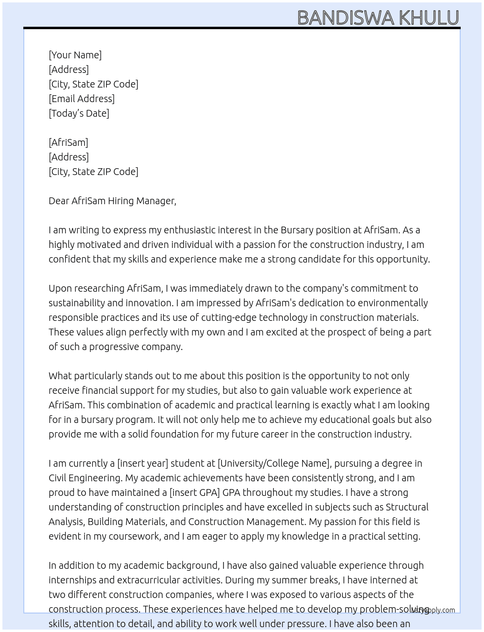 Bursary  At AfriSam Cover Letter