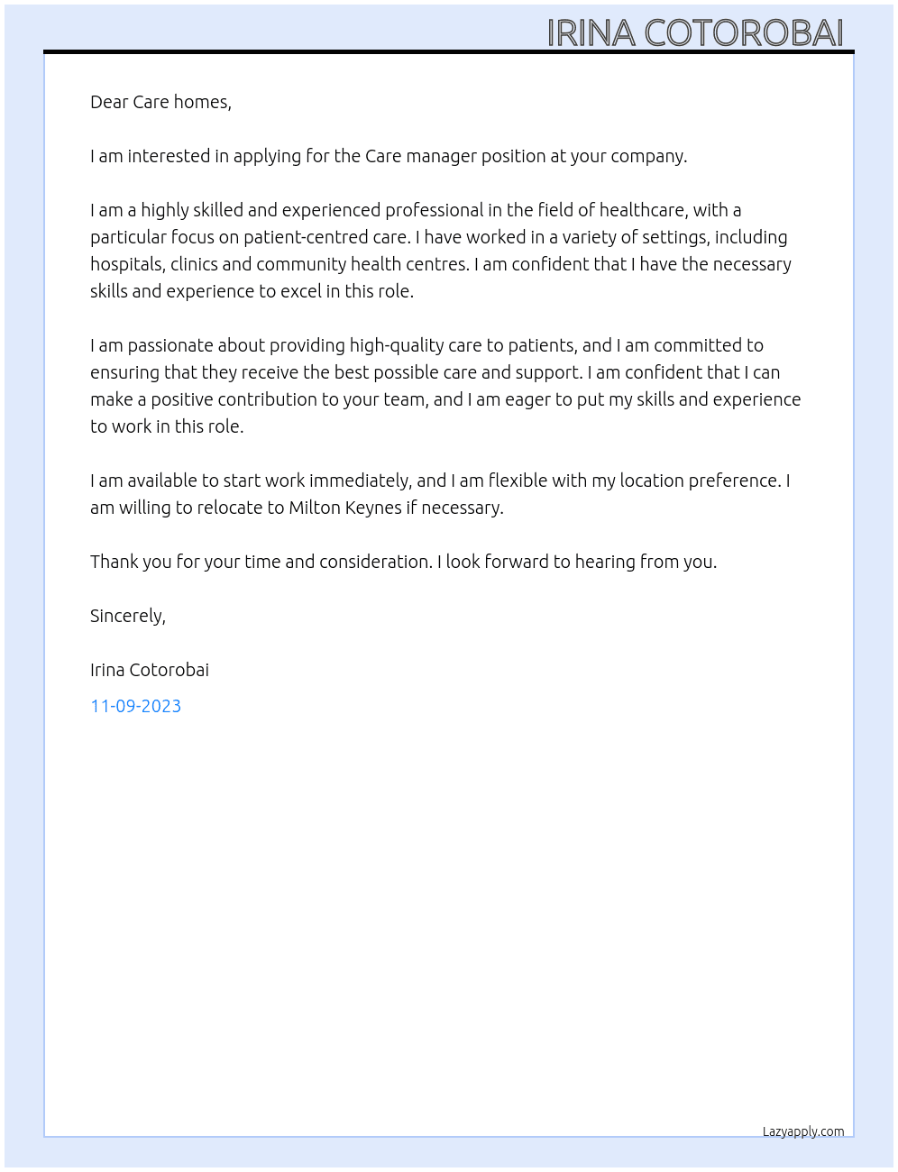 Care manager  At Care homes Cover Letter