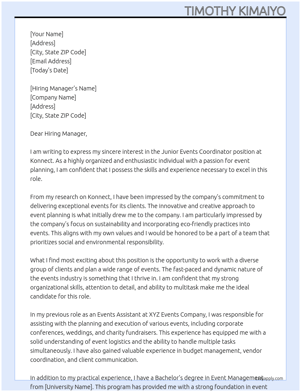 Junior Events Coordinator At Konnect Cover Letter