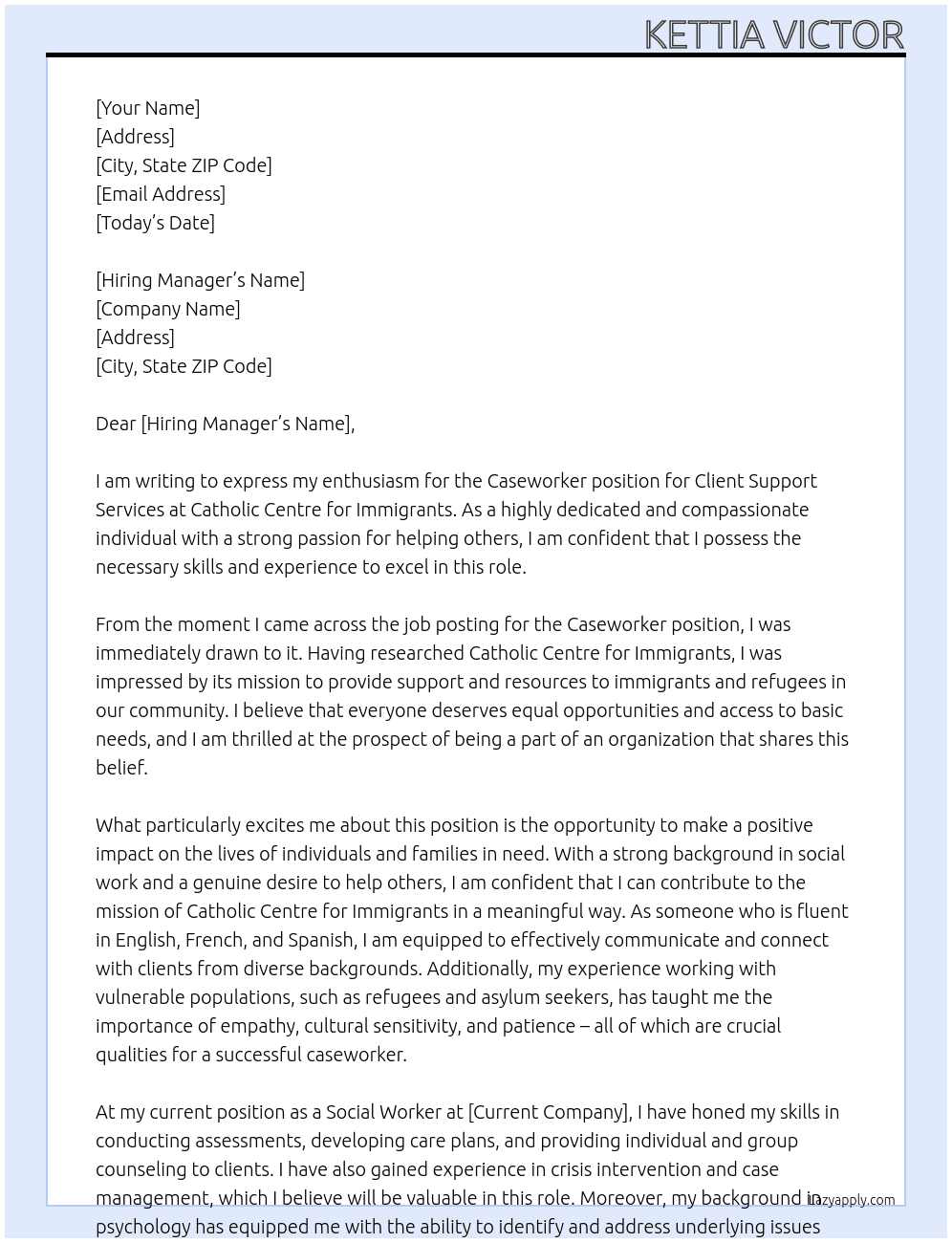 caseworker for client support services  At  Catholic Centre for immigrants Cover Letter