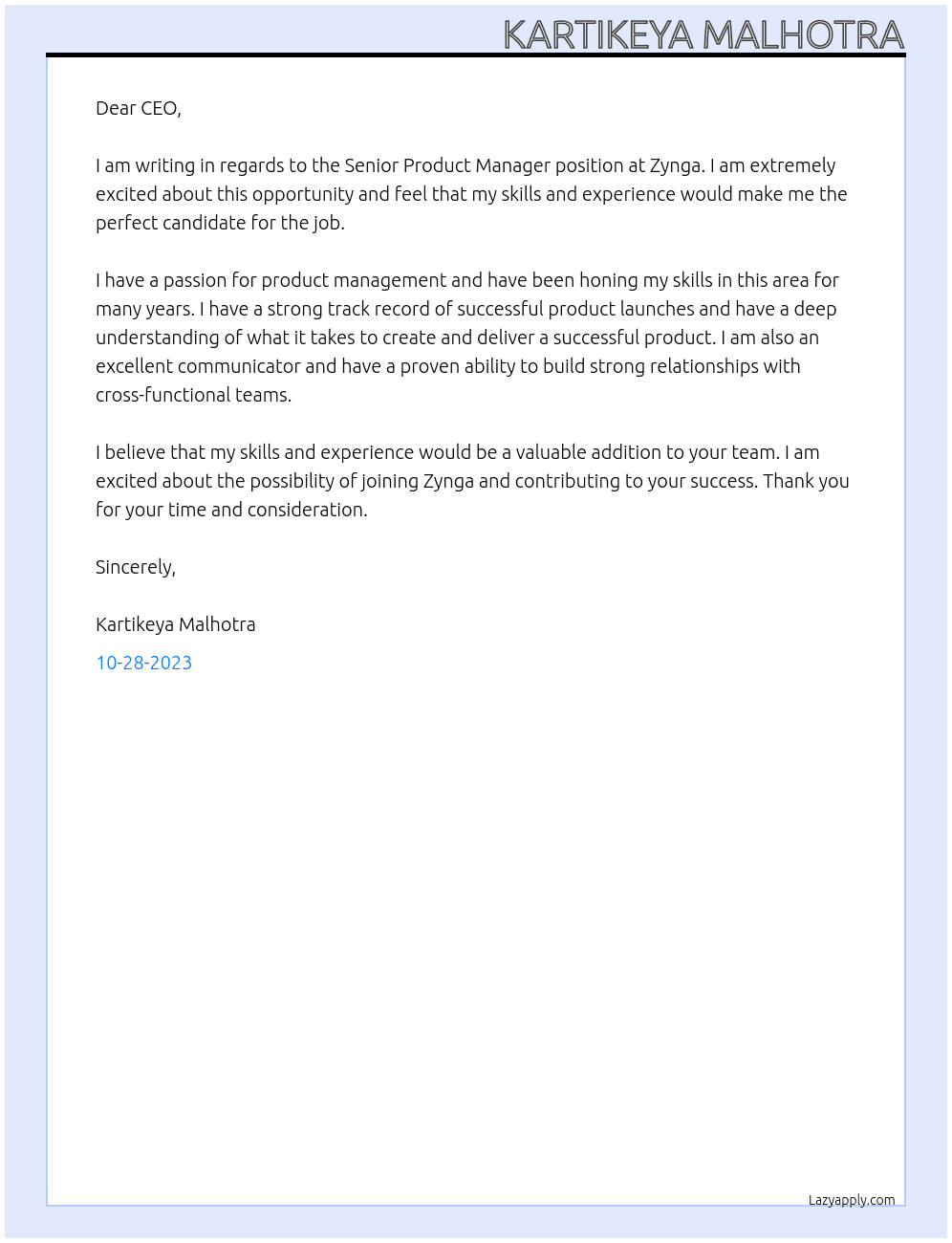 Senior Product Manager At Zynga Cover Letter