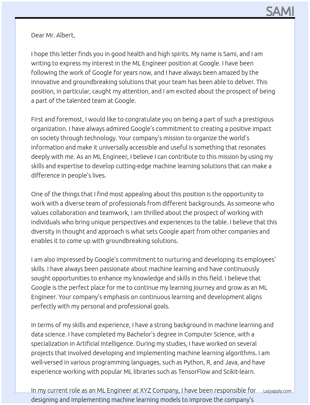 ml engineer At googlr  Cover Letter